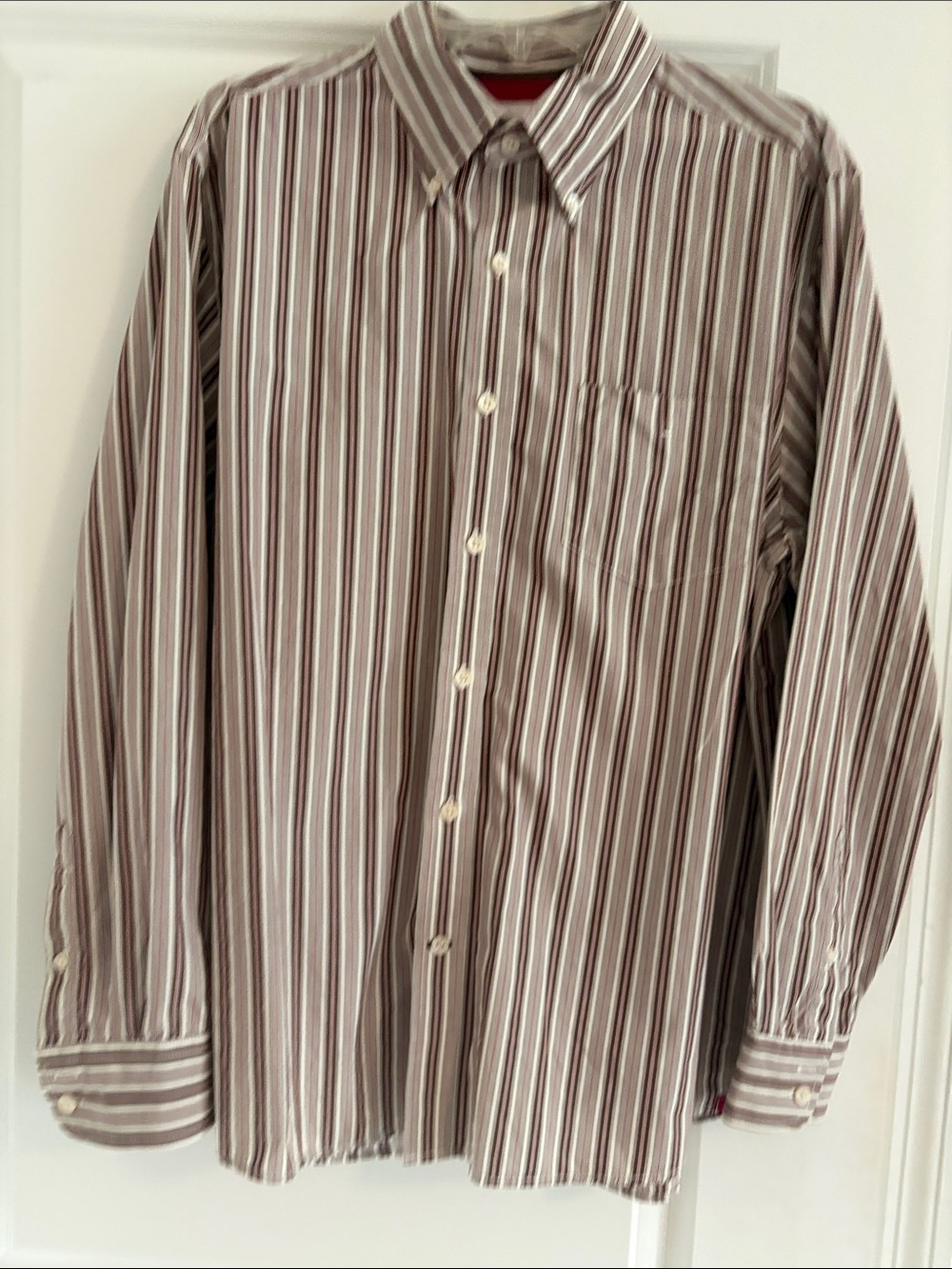 Madison Washed Poplins Mens Large Brown Striped Button Down‎ Shirt 100% Cotton L